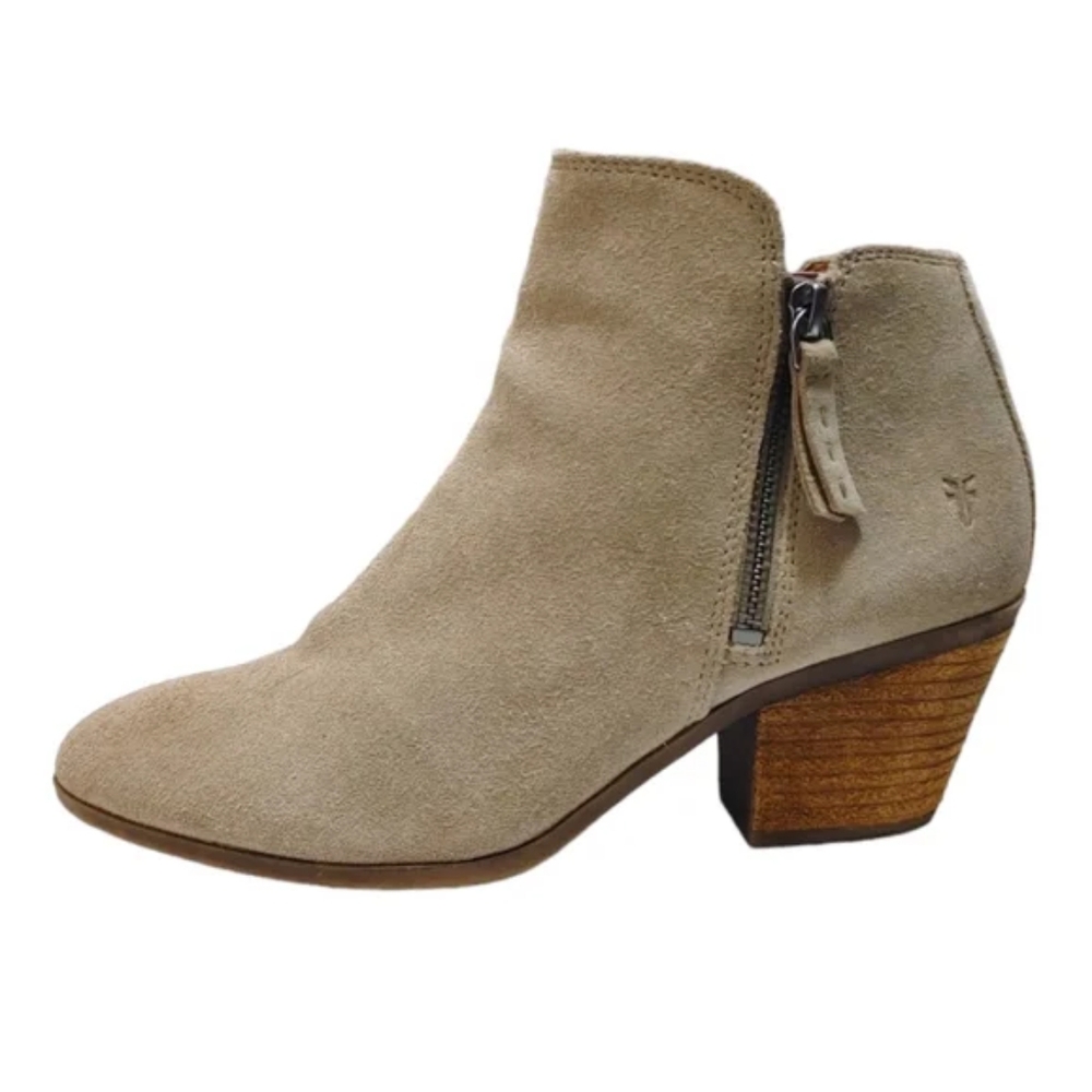 Frye Judith Double Zip Beige (Ash) Suede Leather Ankle Booties Womens 8M
